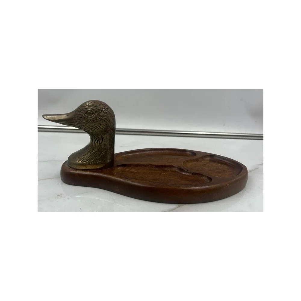 Vintage Brass Duck Head Wood Valet Tray Mallard Trinket Dish Catchall Organzier